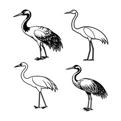 set crane birds silhouette vector art isolated white background, Crane  icon