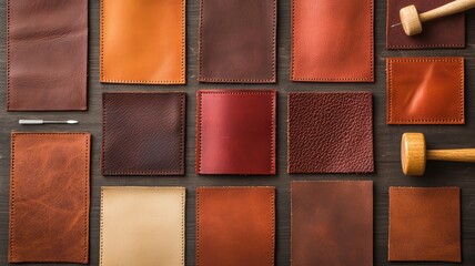A collection of various leather swatches in different shades, arranged neatly with tools on a wooden surface, showcasing texture and color diversity