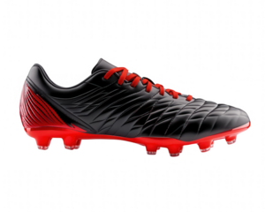 A black and red soccer shoe with red laces Transparent Background