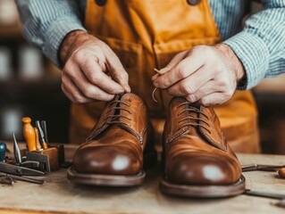 A craftsman expertly laces a pair of brown leather shoes, showcasing skill in shoemaking and attention to detail