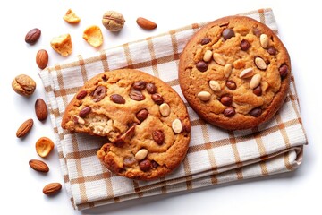 American Chocolate Chip Cookies and Nutty Biscuit on Napkin - Delicious Oat Shortbread Treats Top View Illustration