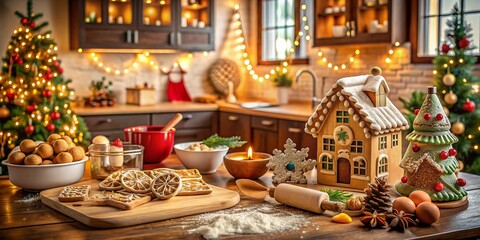 Festive Kitchen Scene with Holiday Baking Setup Featuring Freshly Baked Cookies, Gingerbread Houses, Colorful Decorations, Flour and Baking Tools for a Cozy Atmosphere