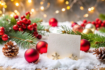 Blank Christmas card nestled in snowy scene with ornaments, pine, berries, and lights.