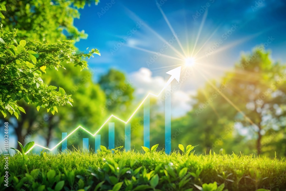 Poster financial growth visualization with rising money graphs in a landscape setting for web design and ma