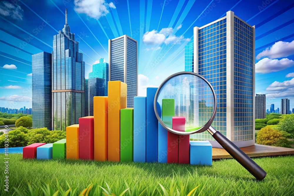 Poster financial data analysis with 3d bar graph and magnifying glass: a conceptual landscape for business 
