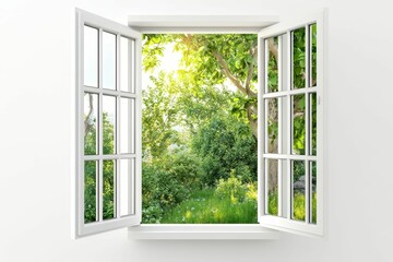 Open window, sunny garden view, green trees.