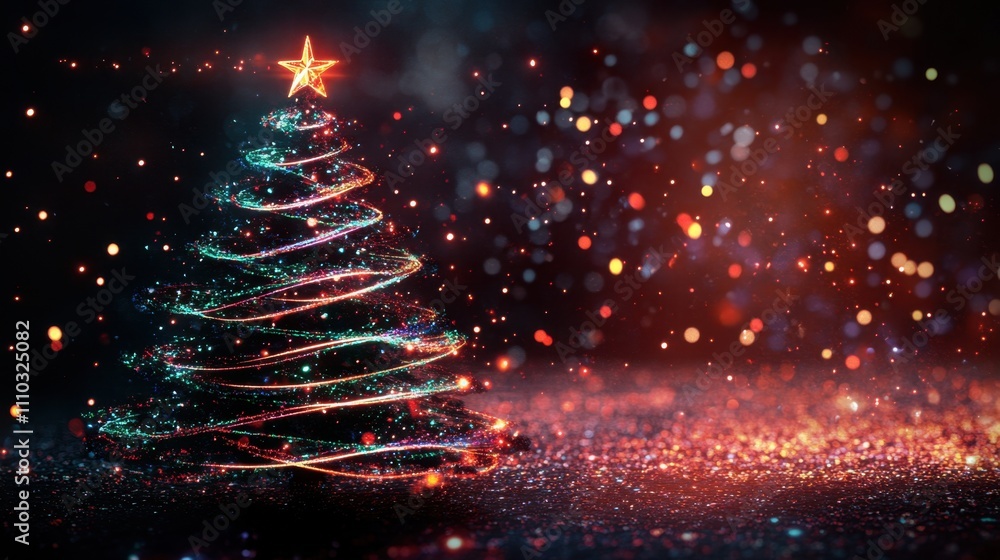 Poster sparkling christmas tree with colorful bokeh background effects