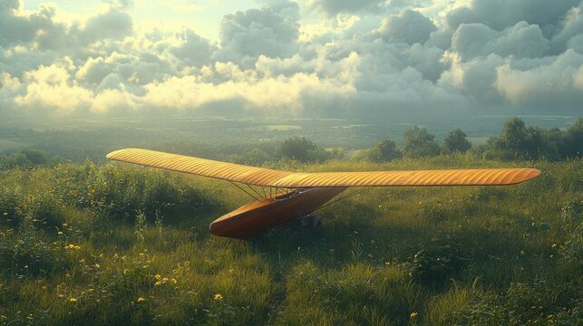 Vintage glider rests in a sunlit field, cloudscape background.