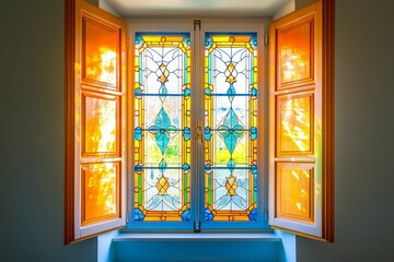 Sunlit stained glass window, open wooden shutters.