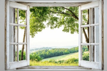 Rustic window reveals idyllic green landscape.