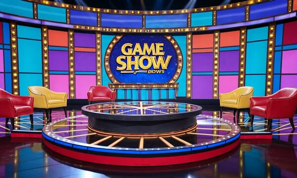 A colorful game show set featuring bright lights, chairs, and a central stage for contestants.