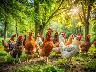 Fototapeta premium Free Range Garden Flock of Mixed Breed Hens: Red, Brown, White Leghorn and Columbian Black Tail Poultry in a Rustic Farm Setting with Lush Greenery and Natural Light