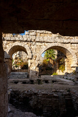 Rows of columns in Perge, Antalya, Turkey. Remains of colonnaded street in Pamphylian ancient city.Rows of columns in Perge, Antalya, Turkey. Ancient Kestros Fountain. Aksu, Antalya