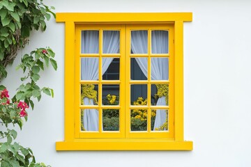 Obraz premium Bright yellow window, white wall, flowering plants.