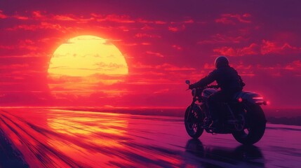 Vibrant Sunset Ride with Motorcycle Against Colorful Sky