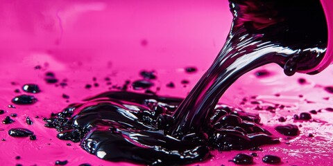 Bottle of black liquid is poured into a pink container