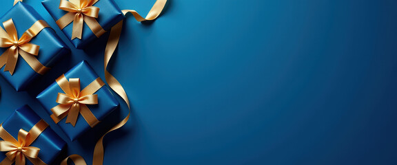 Obraz premium Sophisticated dark blue Christmas background featuring elegantly wrapped gifts with golden ribbons, creating a joyful holiday atmosphere.