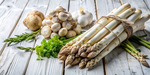 Fresh Bunch of Raw White Asparagus with Mushrooms on a Rustic White Wooden Table, Perfect for Culinary Inspiration and Healthy Eating Concepts