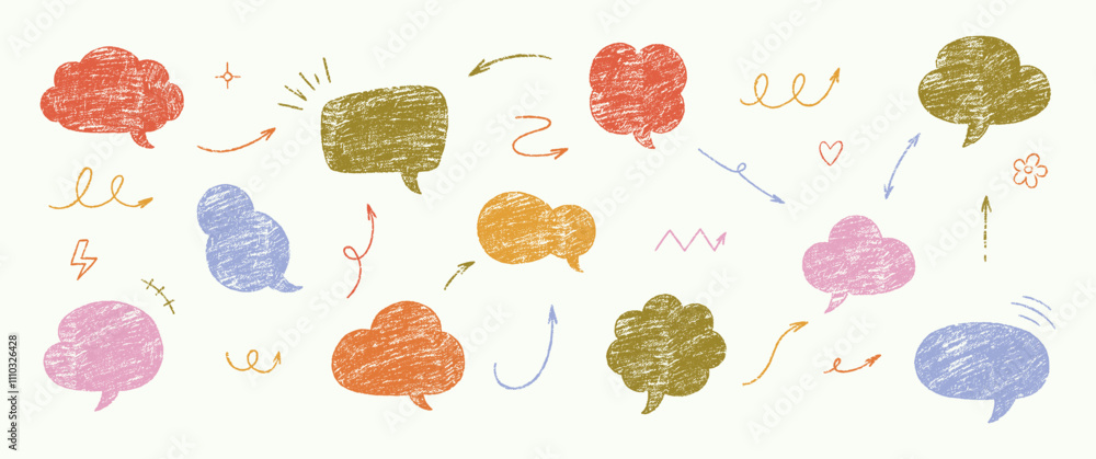 Aufkleber set of text boxes and speech bubbles with crayon or chalk texture. shapes and arrows. multicolor jap