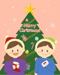 Fototapeta premium Merry Christmas illustration with Christmas tree and children