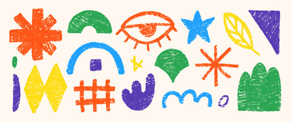 Fototapeta premium Hand drawn pencil doodles, squiggles, eye, corner and star. Abstract funky shapes and arrow with crayon or chalk texture. Multicolor Childish vector illustration.