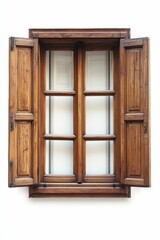 Wooden window with open shutters, paneled glass.