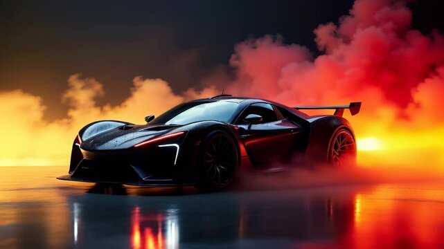 Sports car with yellow and red smoke in the background. Smoke animation, demonstration of a new sports car