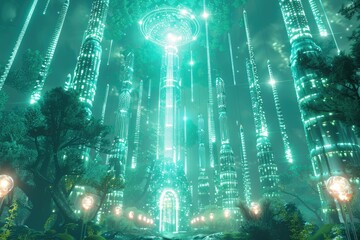Obraz premium Futuristic Cityscape Illuminated Underneath a Glowing Orb