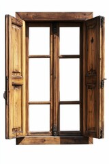 Rustic wooden window, open shutters, paneled glass.