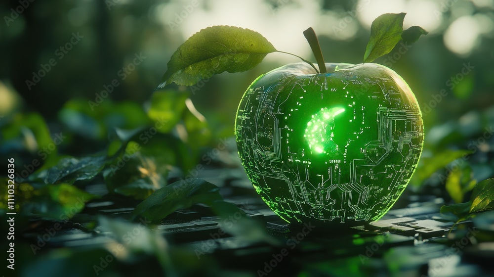 Poster green apple with circuit patterns and leaf in nature background