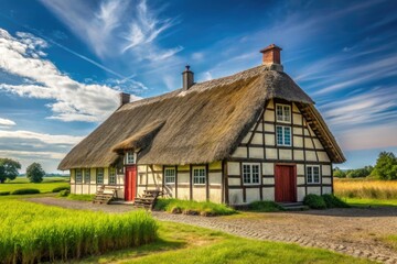 Minimalist Elegance of an Old Farmhouse in Kolding, Denmark with Thatched Roof and Half-Timber Walls