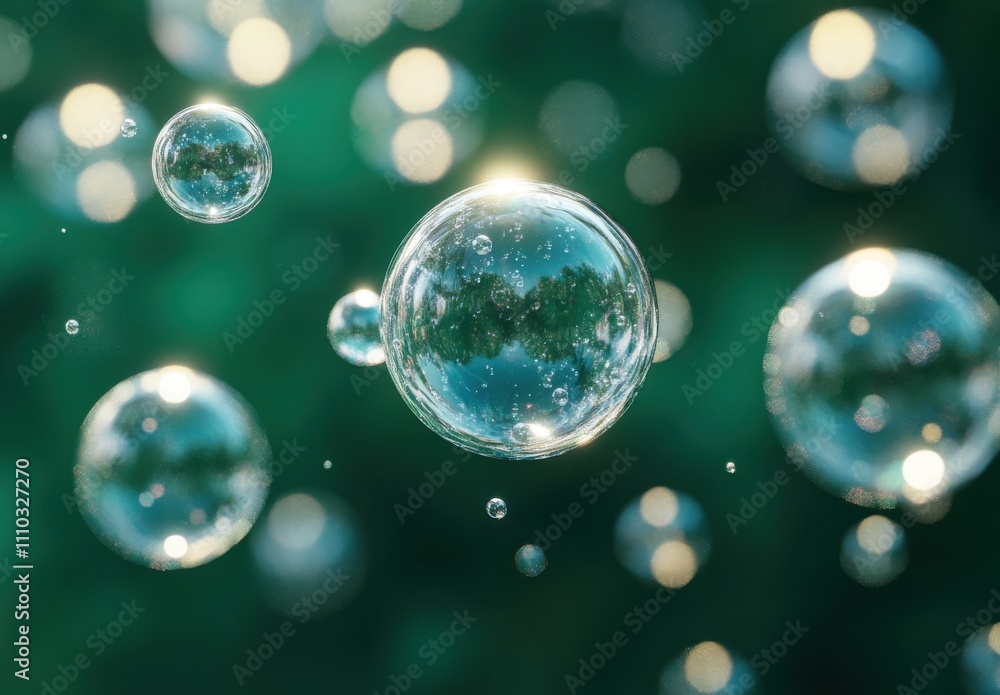 Poster captivating close-up of floating soap bubbles with reflections and soft focus, creating a dreamy atm