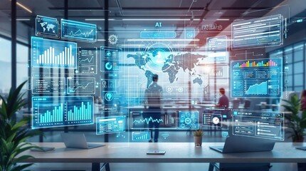 Visualization of an AI-powered decision support system with futuristic graphics, showcasing data analysis, charts, and collaborative tools in a modern office setting.