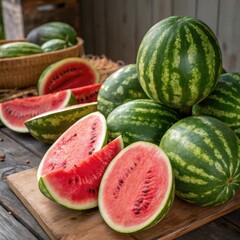 Fresh watermelon harvest farm setting food photography natural light close-up view vibrant colors for summer enjoyment