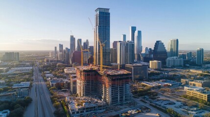 Construction of a high-rise building with a modern skyline in Austin at sunset