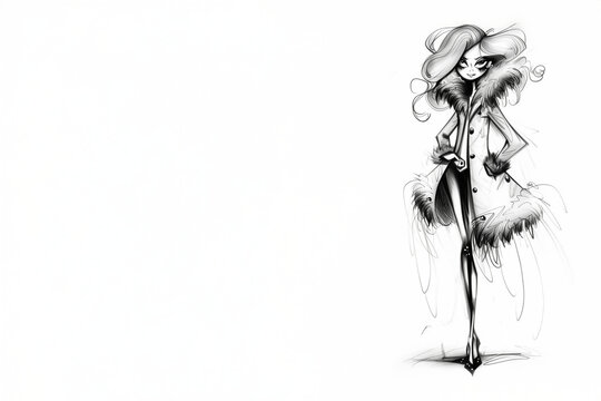 Femme &eacute;l&eacute;gante en manteau blanc &agrave; bordures en fourrure, silhouette &eacute;lanc&eacute;e fa&ccedil;on croquis de mode, mode hivernale, pose f&eacute;minine et espace n&eacute;gatif copyspace