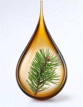 Drop of coniferous essential oil with pine branch inside on white background