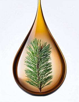 Drop of coniferous essential oil with pine branch inside on white background