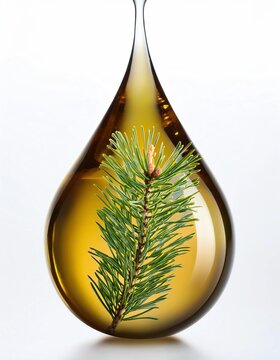 Drop of coniferous essential oil with pine branch inside on white background