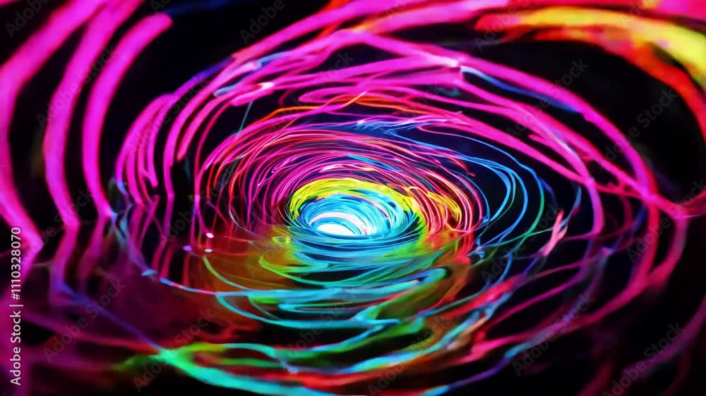 Poster seamless loop video of water currents swirling with luminous streaks of color, creating a hypnotic v