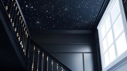 Fototapeta premium Dark stairway with star ceiling and window.
