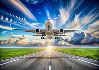 Obraz premium Fuselage of an All-White Passenger Plane Ascending from Airport Runway Against Clear Sky, Showcasing Modern Aviation and Travel Concepts