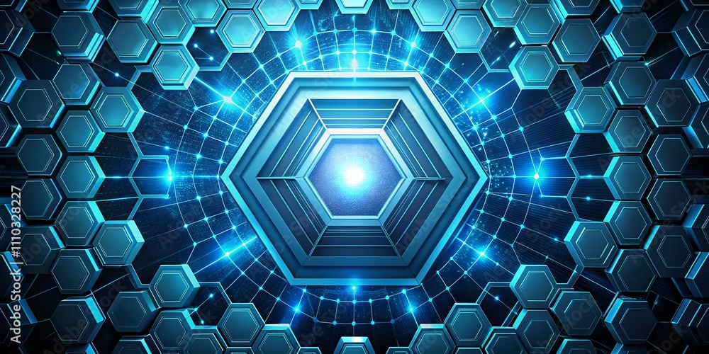 Poster futuristic abstract blue hexagon technology background with intricate patterns and digital aesthetic