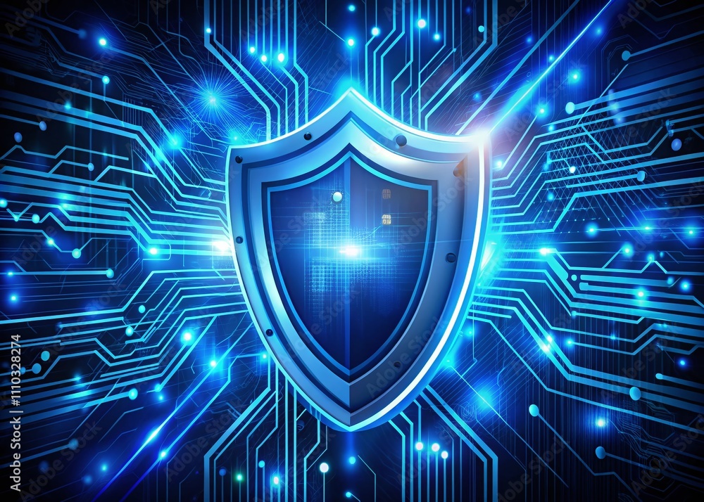Poster futuristic blue digital security shield logo overlaid on circuit board background representing advan