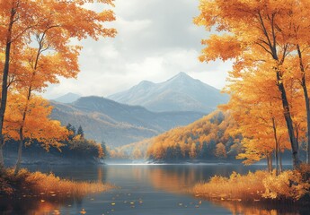 Fototapeta premium Serene Autumn Landscape with Vibrant Orange Trees Surrounding a Tranquil Lake Under Soft Clouds and Mountains in the Distance