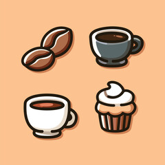 Charming Coffee and Dessert Icons - Coffee Beans, Cups, and Cupcake