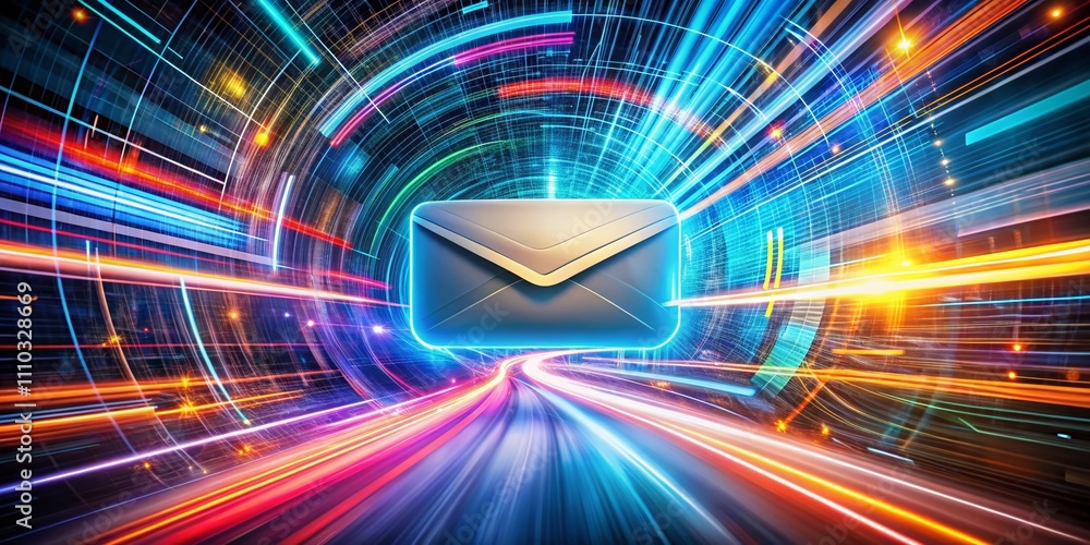 Poster futuristic digital envelope in vibrant colors symbolizing fast communication and technology with a s