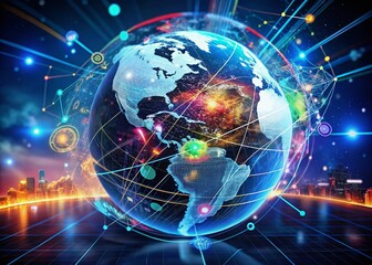 Obraz premium Futuristic Digital Earth Globe Representing America in a Global Business Concept with High-Tech Elements and Data Visualization for International Trade and Connectivity