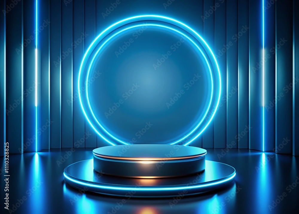Poster futuristic empty cyberpunk podium with glowing blue neon ring for ui and app background, ideal for p