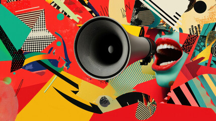 Abstract Megaphone Illustration Representing Communication, Red Background